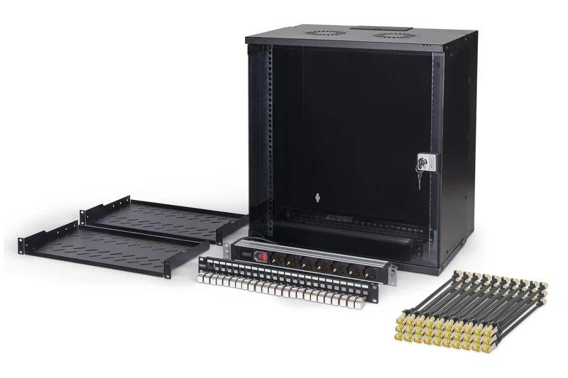 DIGITUS 19" Network Kit - 12U Network Cabinet - 2 Shelves 1U - 24-Port Patch Panel - 24 Keystone Modules - 30 Patch Cables - Power Strip - Unmounted - SOHO PRO Series - Black