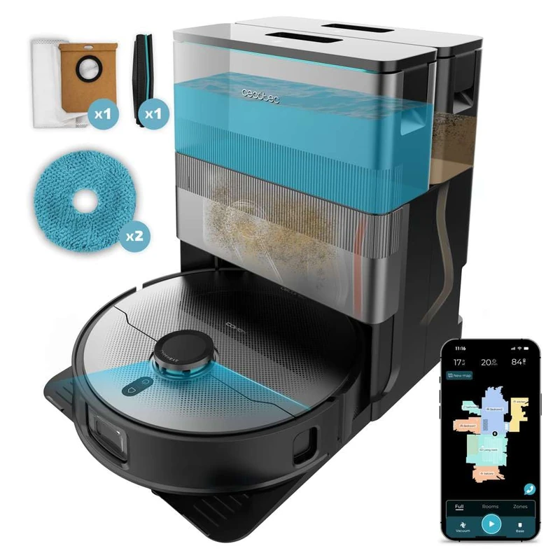 Cecotec Robot Vacuum Cleaner with AI and Self-Empty Base Conga X100. Laser and Artificial Intelligence with Camera, 20000Pa Suction Motor, Lift Rotatable Mops, Side Brush and Extendable Right Mop