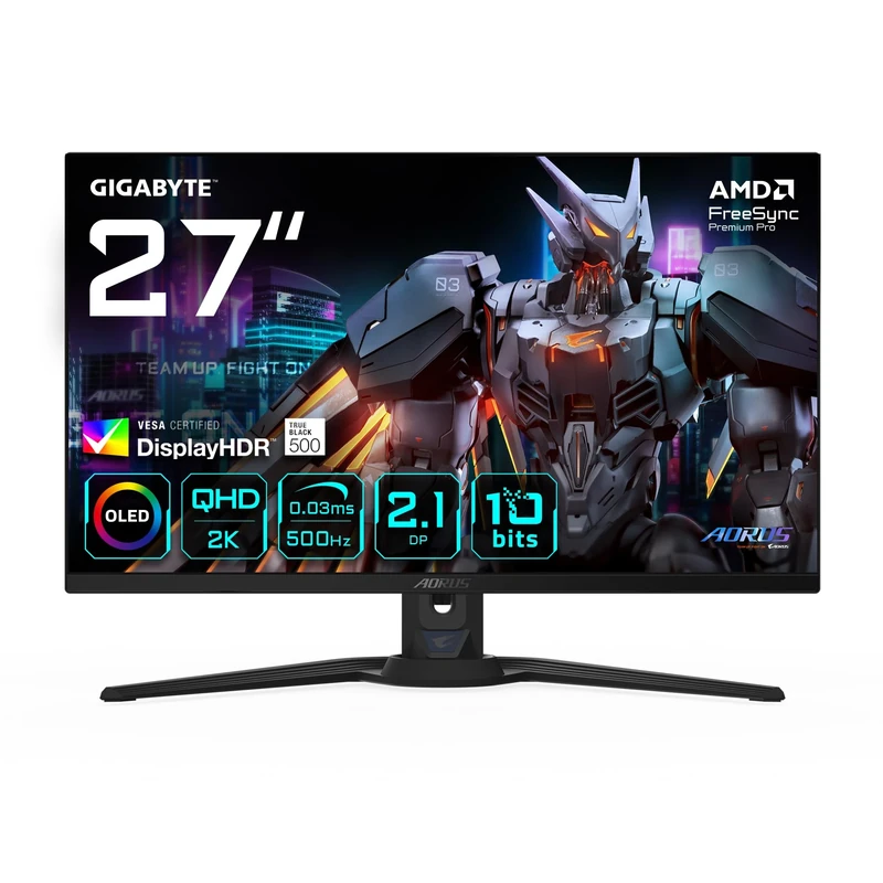 Gigabyte AORUS FO27Q5P 27" OLED QHD Gaming Monitor - 2560 x 1440, 500Hz, 0.03ms, KVM, 300 cd/m², FreeSync Premium Pro, DisplayHDR True Black 500, DisplayPort 2.1