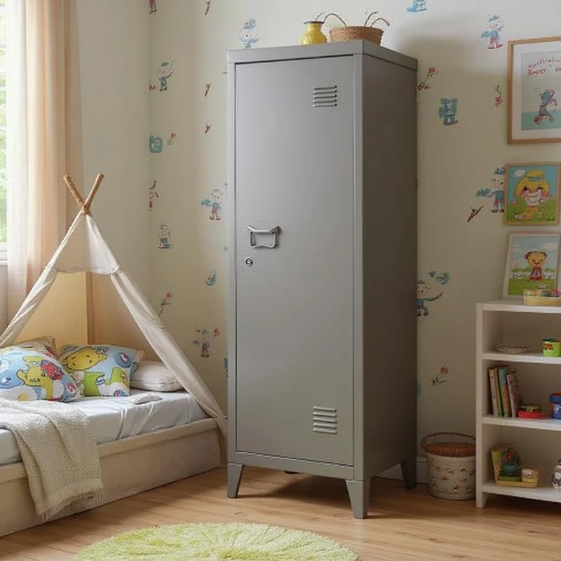 FurnitureR 1-Pack Dark Grey Children's Wardrobe, Sleek Minimalist Design, Durable Metal Construction, Ideal for Kids' Rooms, Space-Saving, Secure Storage, Modern Home Organization Solution