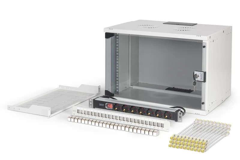 DIGITUS 19" Network Kit - 7U Network Cabinet - 1U Shelf - 24-Port Patch Panel - 24 Keystone Modules - 30 Patch Cables - Power Strip - Unmounted - SOHO PRO Series - Grey