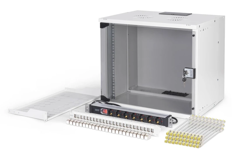 DIGITUS 19" Network Kit - 9U Network Cabinet - 1U Shelf - 24-Port Patch Panel - 24 Keystone Modules - 30 Patch Cables - Power Strip - Unmounted - SOHO PRO Series - Grey