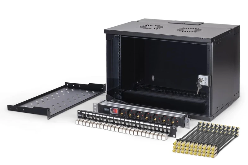 DIGITUS 19" Network Kit - 7U Network Cabinet - 1U Shelf - 24-Port Patch Panel - 24 Keystone Modules - 30 Patch Cables - Power Strip - Unmounted - SOHO PRO Series - Black