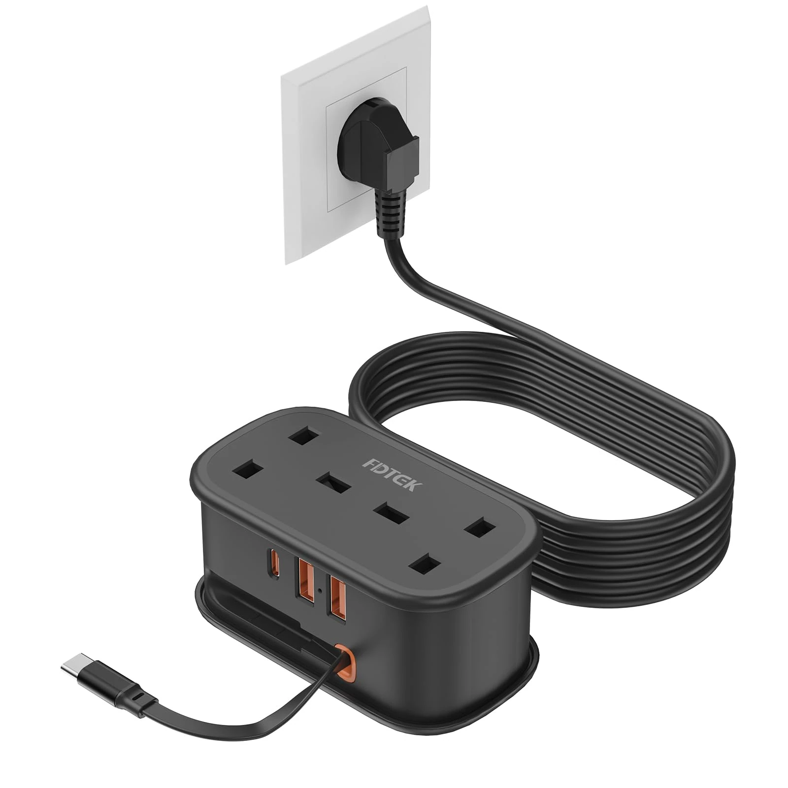 UK to European Plug Adapter with 1.5M Extension Cable，FDTEK 2 Way Travel Extension Lead with 3 USB Slots & Retractable USB C Cable, Type E/F Travel Adapter for Germany France Spain Greece etc