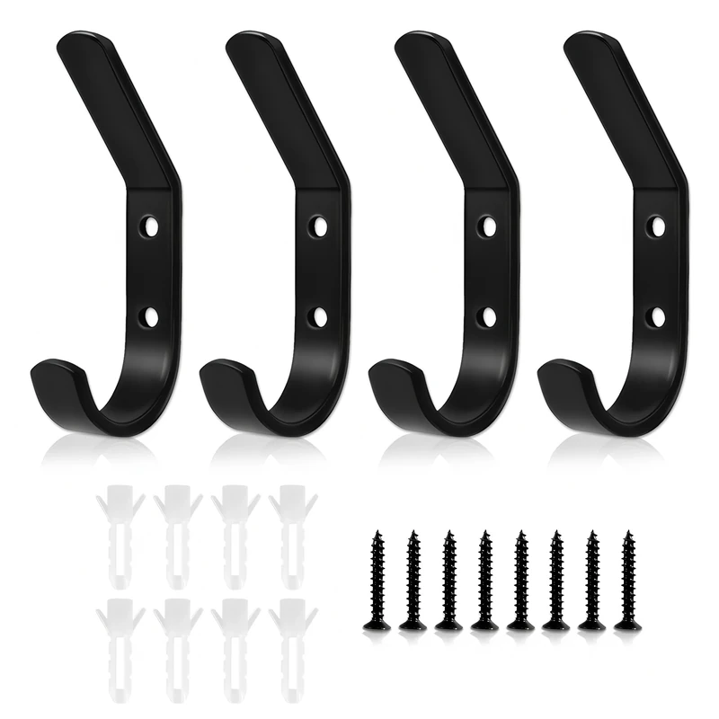 4 Pack Wall Hooks - 8cm Black Sturdy Screw In Coat Hooks for Door Wall Mounted with 10kg Load - Towel Hooks for Bathroom Back of Door Hooks for Hanging Clothes Keys Bags Hats in Bedroom Living Room