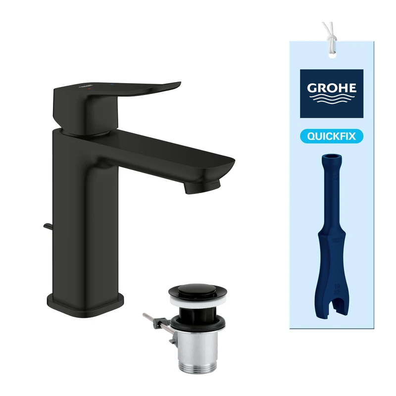 GROHE Dice Single Lever Basin Mixer with Pop-Up Waste Set (M-Size 172mm, 28 mm Ceramic Cartridge, Water Saving, Tails 3/8 Inch, Easy to Fit with The Included QuickTool), Matt Black, 1018322430