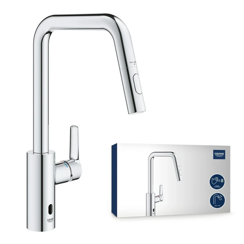 GROHE Start QuickFix Hybrid Pull-Out Kitchen Tap for Touchless or Manual Operation (High U-Spout 381 mm, 28 mm Ceramic Cartridge, 150° Swivel Area, Dual Spray, Tails 3/8 Inch), Chrome, 1012430000