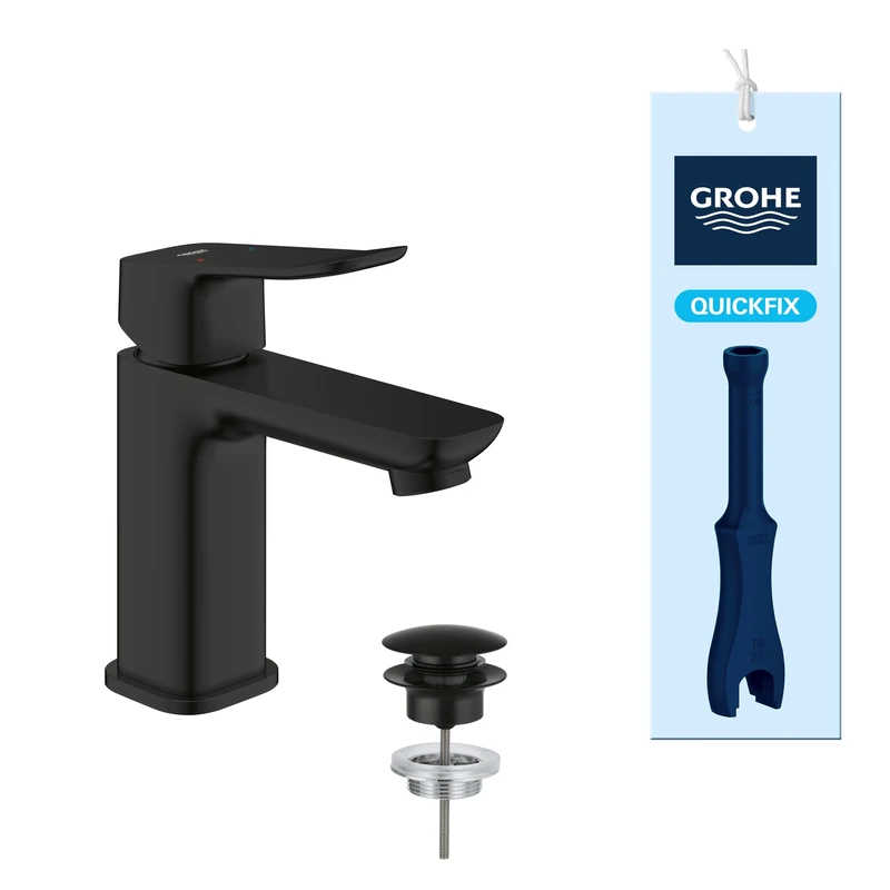 GROHE Dice Single Lever Basin Mixer Tap with Pop-Open Waste Set (S-Size 152 mm, 28 mm Ceramic Cartridge, Water Saving, Tails 3/8 Inch, Easy to Fit with The Included QuickTool), Matt Black, 1018572430