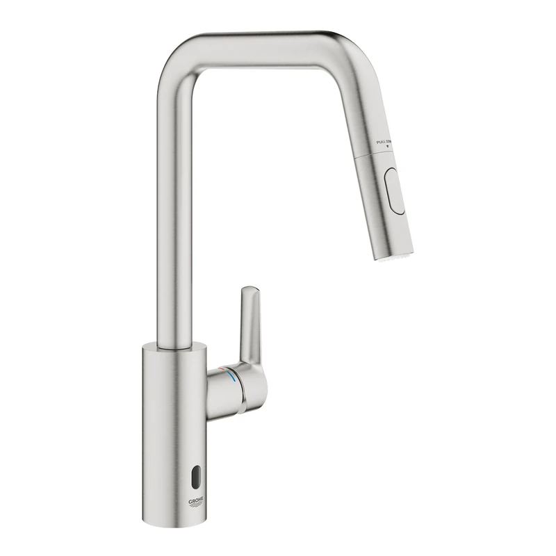 GROHE Start QuickFix Hybrid Pull-Out Kitchen Tap for Touchless or Manual Operation (High U-Spout 381 mm, 28 mm Ceramic Cartridge, 150° Swivel Area, Dual Spray, Tails 3/8 Inch), Supersteel, 101243DC00