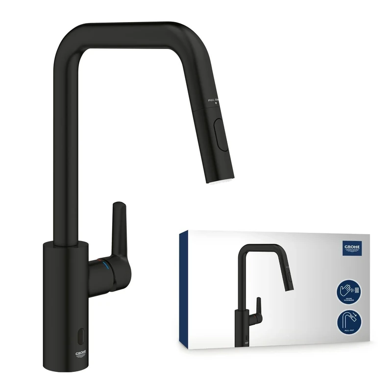 GROHE Start QuickFix Hybrid Pull-Out Kitchen Tap for Touchless or Manual Operation (High U-Spout 381 mm, 28 mm Ceramic Cartridge, 150° Swivel Area, Dual Spray, Tails 3/8 Inch), Matt Black, 1012432430