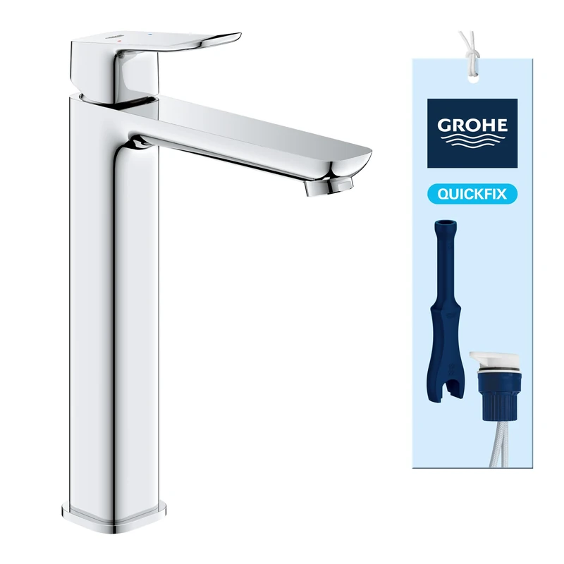 GROHE Dice Smooth Body Washbasin Mixer Tap for Free Standing Basins (XL-Size 270mm, 28 mm Ceramic Cartridge, Water Saving, Tails 3/8 Inch, Easy to Fit with The Included QuickTool), Chrome, 1018920000