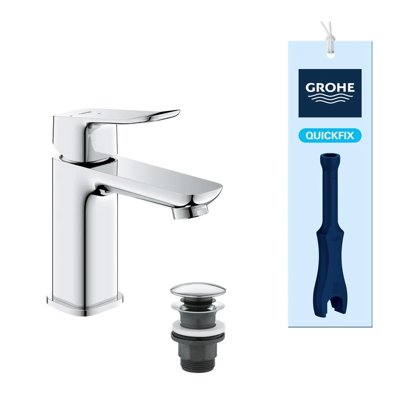 GROHE Dice Lever Basin Mixer Tap with Pop-Open Waste Set (S-Size 152 mm, 28 mm Ceramic Cartridge, Water & Energy Saving, Tails 3/8 Inch, Easy to Fit with The Included QuickTool), Chrome, 1018610000