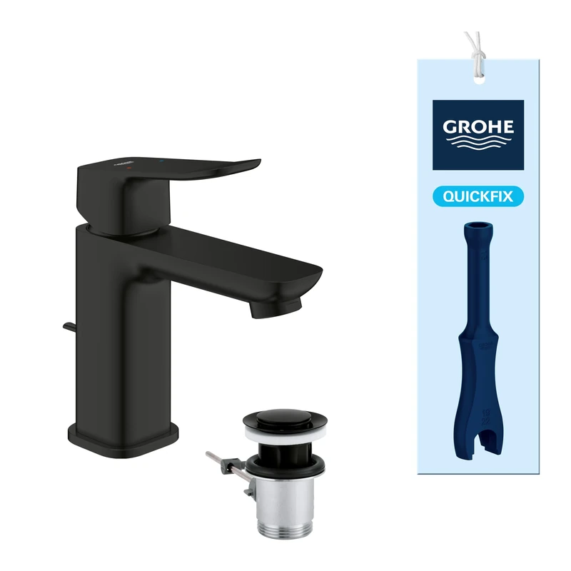 GROHE Dice Single Lever Basin Mixer Tap with Pop-Up Waste Set (S-Size 152 mm, 28 mm Ceramic Cartridge, Water Saving, Tails 3/8 Inch, Easy to Fit with The Included QuickTool), Matt Black, 1018562430