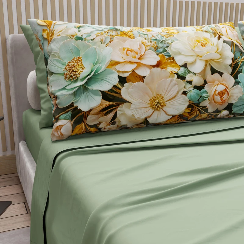 PETTI Artigiani Italiani - Cotton Sheets with Pillowcases in Digital Print, Double Bed Sheet, Floral 9 Sage, 100% Made in Italy