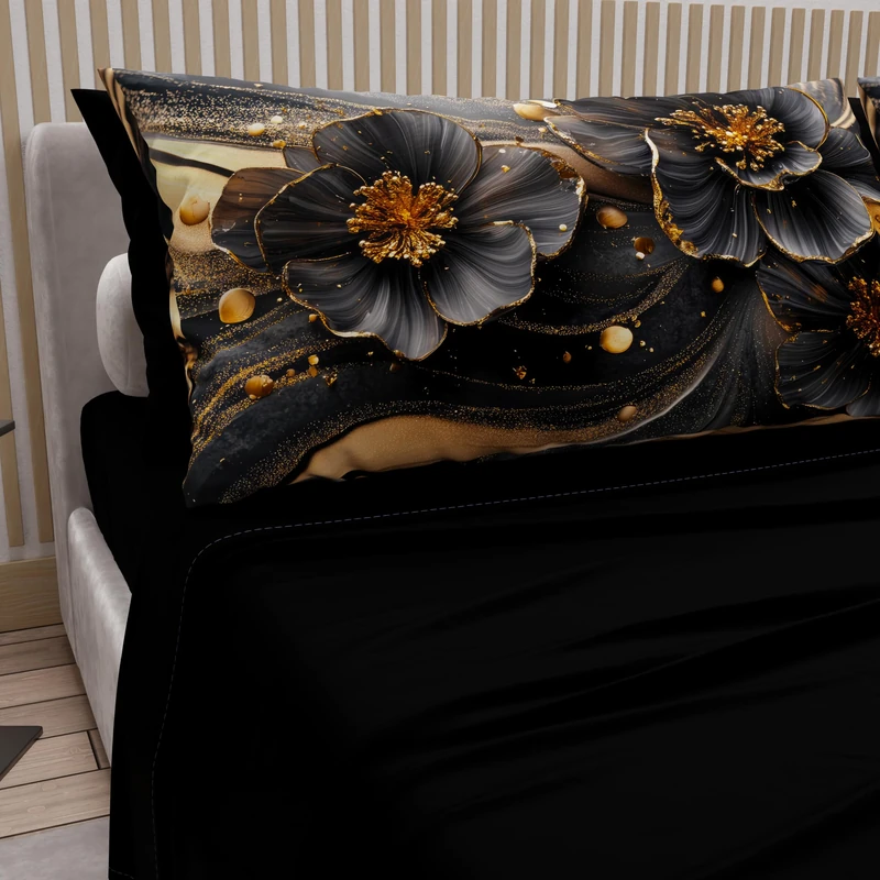 PETTI Artigiani Italiani - Cotton Sheets with Pillowcases in Digital Print, Double Bedsheets, Double Bed Set, Floral 22 Black, 100% Made in Italy