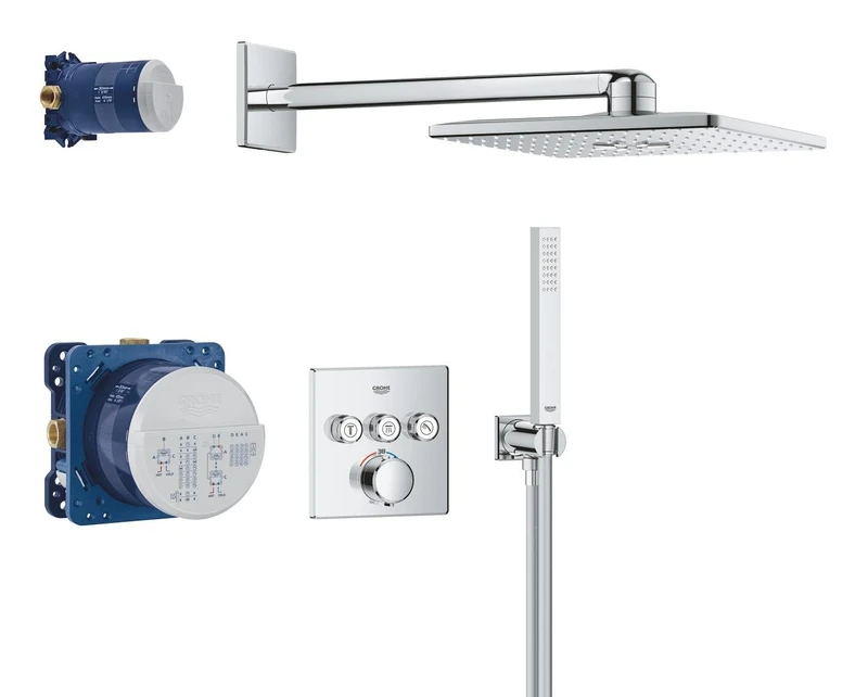 GROHE Precision SmartControl - Concealed Shower System with 3 Valves Thermostat (31cm Head 2 Sprays, Shower Outlet Elbow with Holder, Hand Shower 1 Spray, Hose 1.5m, Square Trim), Chrome, 1072460000