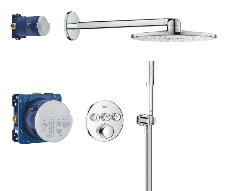 GROHE Precision SmartControl - Concealed Shower System with 3 Valves Thermostat (31cm Head 2 Sprays, Shower Outlet Elbow with Holder, Hand Shower 1 Spray, Hose 1.5m, Round Trim), Chrome, 1072450000