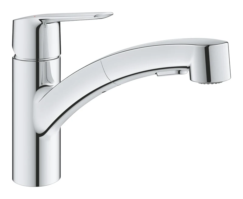 GROHE Start QuickFix Pull-Out Kitchen Mixer Tap for Installation in Front of a Window (Low Spout 174mm, 35mm Ceramic Cartridge, 90° Swivel Area, Dual Spray Control, Tails 3/8 Inch), Chrome, 1012410000