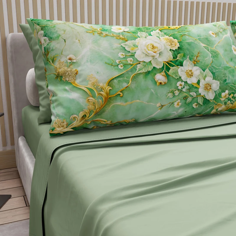 PETTI Artigiani Italiani - Cotton Sheets with Pillowcases in Digital Print, Double Bed Sheet, Floral 3 Sage, 100% Made in Italy