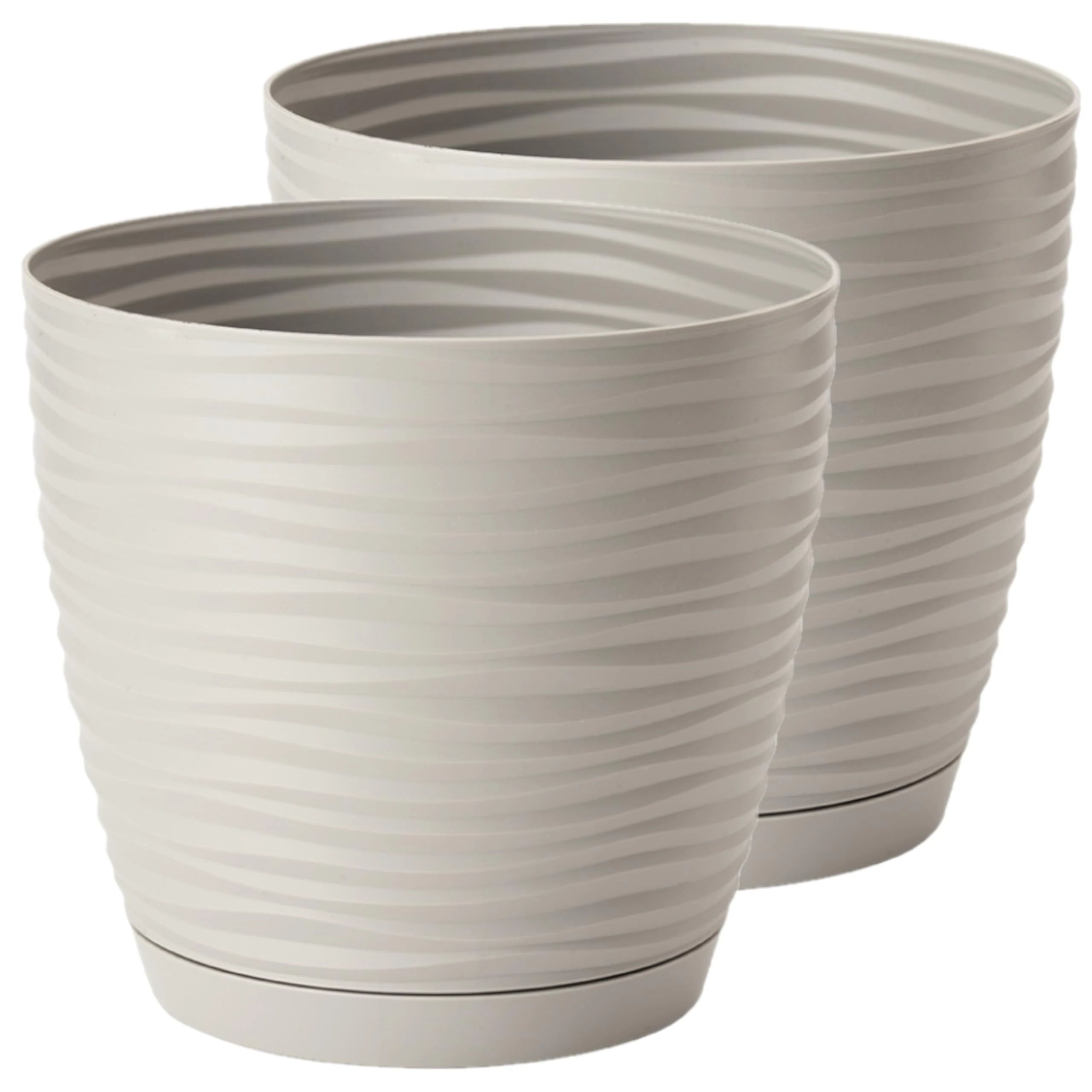 Home Garden Ornaments Plant Pots Indoor – Set of 2 Plastic Flower Pots with Saucer and Drainage Holes, Decorative 3D Wave Design (Light Grey, 13cm / 5.1 inch)