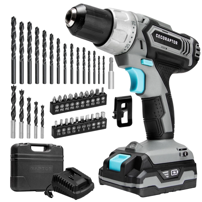 Cecotec CecoRaptor Perfect Drill, 20V and 2000 mAh, Speed of 1550 RPM, Maximum Torque 46 Nm, 25+1 Torque Positions and 2 Working Speeds, Autonomy of 60 min.