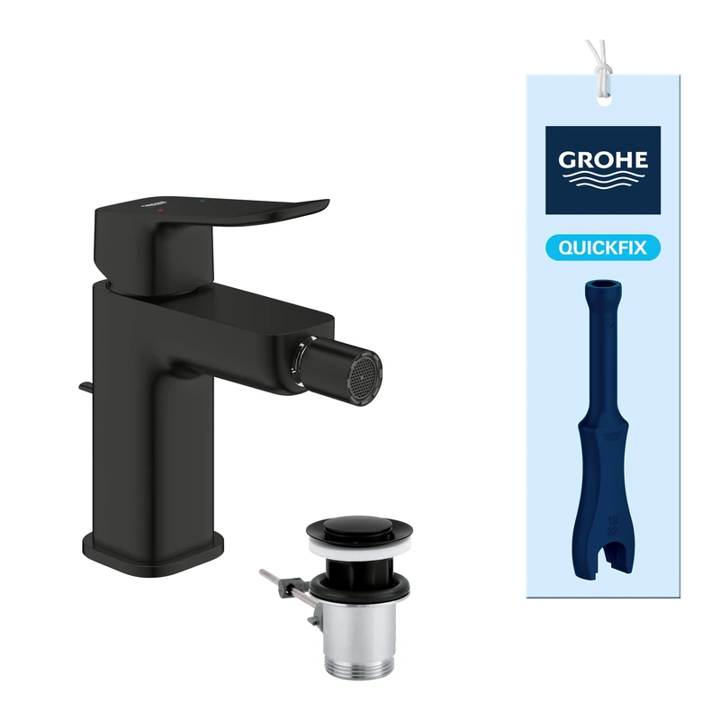 GROHE Dice Lever Bidet Mixer Tap with Pop-Up Waste Set (S-Size 151mm, Ball Joint, 28mm Ceramic Cartridge, Water Saving, Tails 3/8 Inch, Easy to Fit with the Included QuickTool), Matt Black, 1018772430