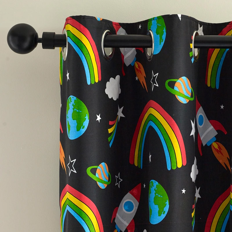 Catherine Lansfield Rainbow Rockets Fully Reversible 66x72 Inch Eyelet Curtains Two Panels Black - Image 1
