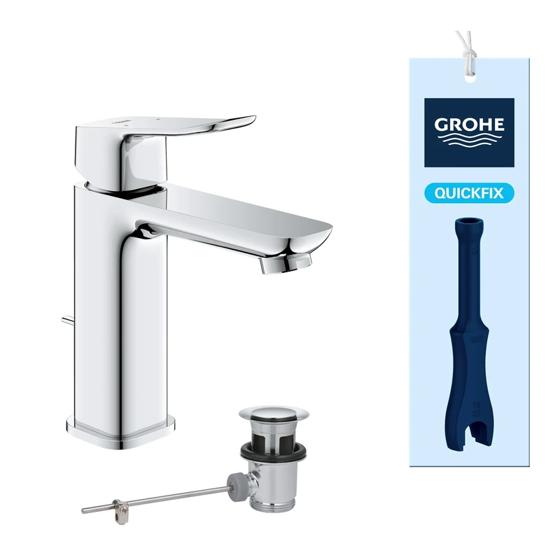 GROHE Dice Single Lever Basin Mixer with Pop-Up Waste Set (M-Size 172mm, 28 mm Ceramic Cartridge, Water Saving, Tails 3/8 Inch, Easy to Fit with The Included QuickTool), Chrome, 1018320000