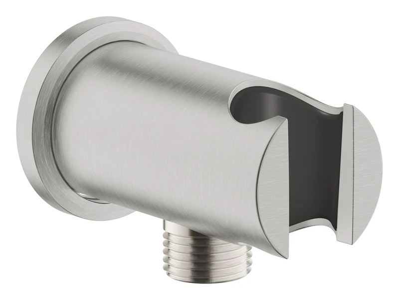 GROHE Rainshower Shower Outlet Elbow with Hand Shower Holder and Round Escutcheon Ø 48 mm, Male Connection Thread 1/2", Wall-Mounted, Protected Against Backflow, Supersteel, 26658DC0