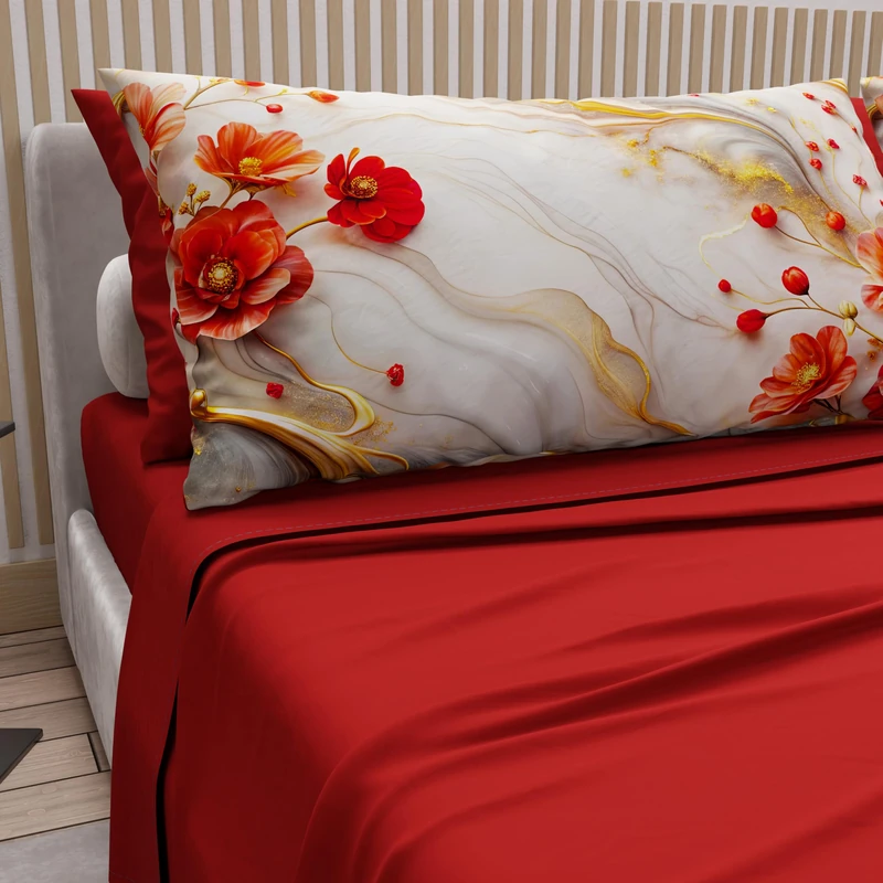 PETTI Artigiani Italiani - Cotton Sheets with Pillowcases in Digital Print, Double Bed Sheet, Floral 2 Red, 100% Made in Italy