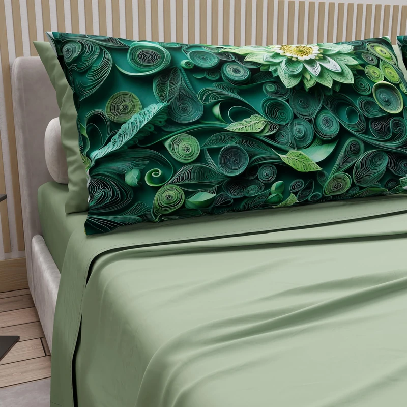PETTI Artigiani Italiani - Cotton Sheets with Pillowcases in Digital Print, Double Bed Sheet, Floral 22 Sage, 100% Made in Italy