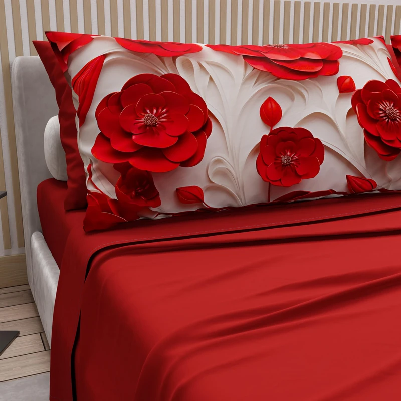 PETTI Artigiani Italiani - Cotton Sheets with Pillowcases in Digital Print, Double Bed Sheet, Complete Bed Set, Floral 14 Red, 100% Made in Italy