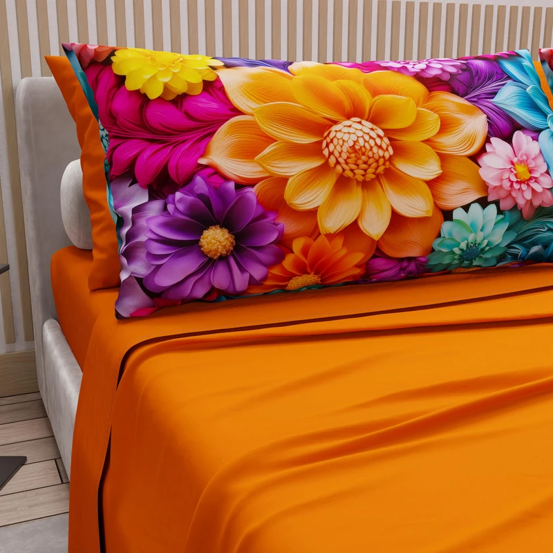 PETTI Artigiani Italiani - Cotton Sheets with Pillowcases in Digital Print, Double Bed Sheet, Double Bed Set, Floral 12 Orange, 100% Made in Italy