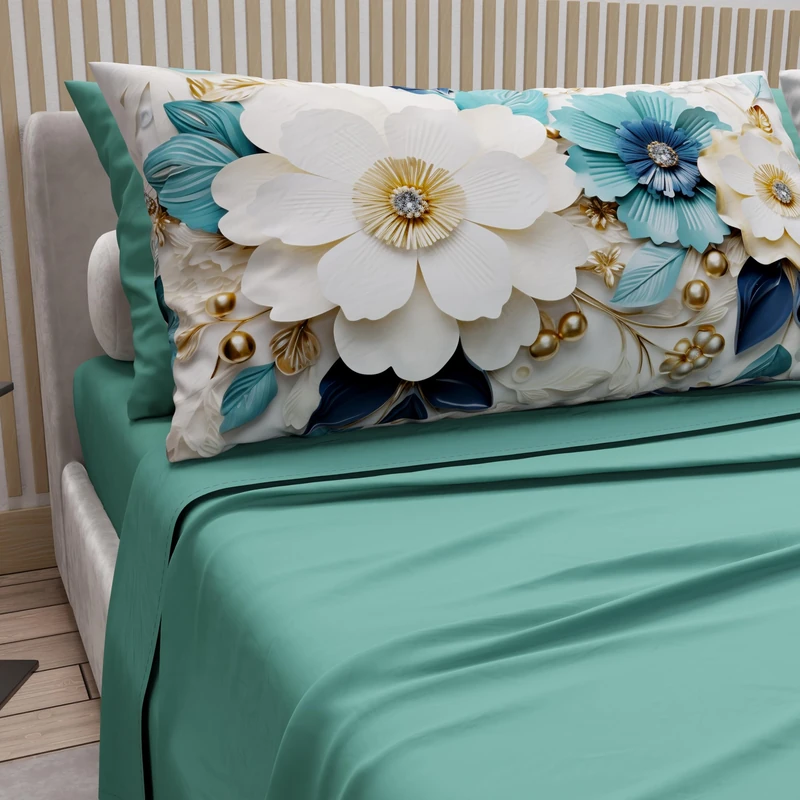 PETTI Artigiani Italiani - Cotton Sheets with Pillowcases in Digital Print, Double Bed Linen, Full Bed Set, Floral 19 Teal, 100% Made in Italy