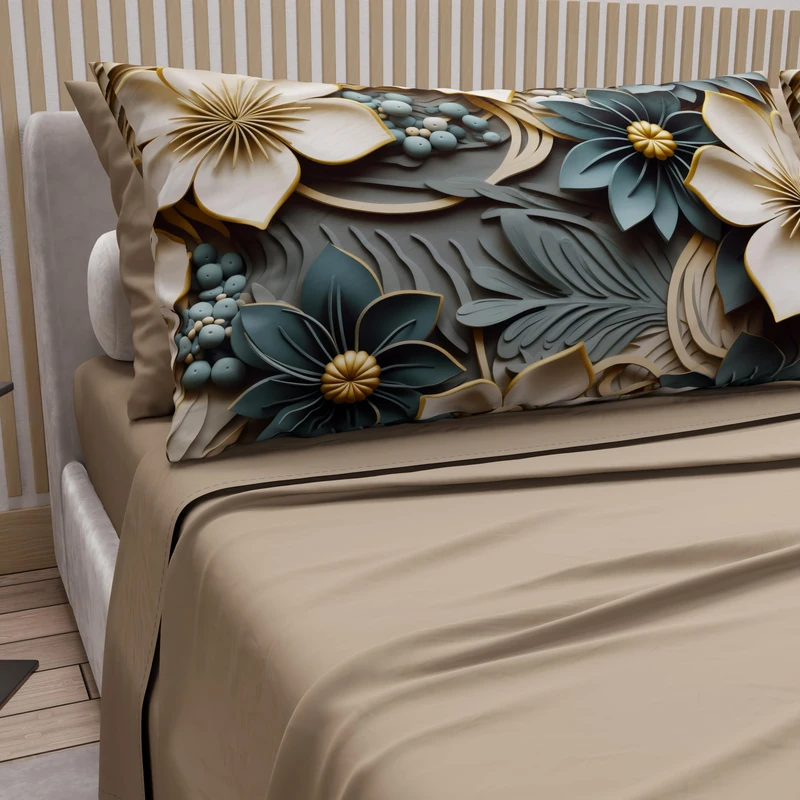 PETTI Artigiani Italiani - Cotton Sheets with Pillowcases in Digital Print, Double Bed Sheet, Floral 8 Taupe, 100% Made in Italy