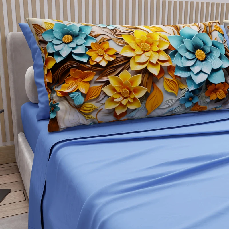 PETTI Artigiani Italiani - Cotton Sheets with Pillowcases in Digital Print, Double Bed Sheet, Floral 16 Light Blue, 100% Made in Italy