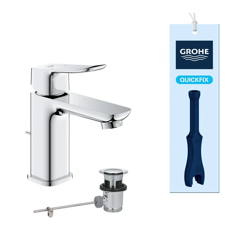 GROHE Dice Single Lever Basin Mixer Tap with Pop-Up Waste Set (S-Size 152 mm, 28 mm Ceramic Cartridge, Water Saving, Tails 3/8 Inch, Easy to Fit with The Included QuickTool), Chrome, 1018560000