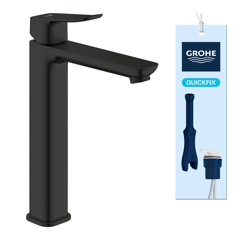 GROHE Dice Smooth Body Washbasin Mixer for Free Standing Basins (XL-Size 270 mm, 28 mm Ceramic Cartridge, Water Saving, Tails 3/8 Inch, Easy to Fit with the Included QuickTool), Matt Black, 1018922430