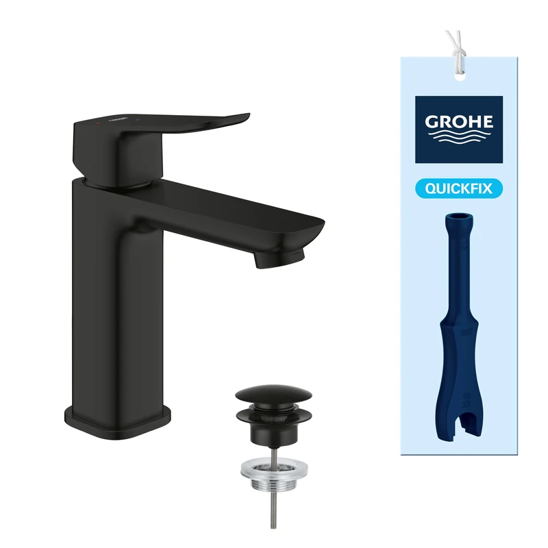 GROHE Dice Lever Basin Mixer with Push-Open Waste Set, (M-Size 172mm, 28mm Ceramic Cartridge, Water & Energy Saving, Tails 3/8 Inch, Easy to Fit with The Included QuickTool), Matt Black, 1018362430