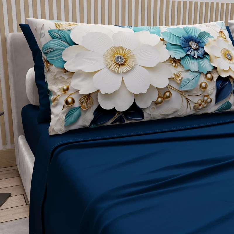 PETTI Artigiani Italiani - Cotton Sheets with Pillowcases in Digital Print, Double Bed Sheet, Floral 19 Midnight Blue, 100% Made in Italy