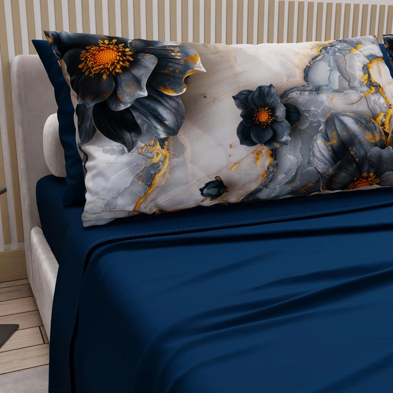 PETTI Artigiani Italiani - Cotton Sheets with Pillowcases in Digital Print, Double Bed Sheet, Floral 18 Midnight Blue, 100% Made in Italy