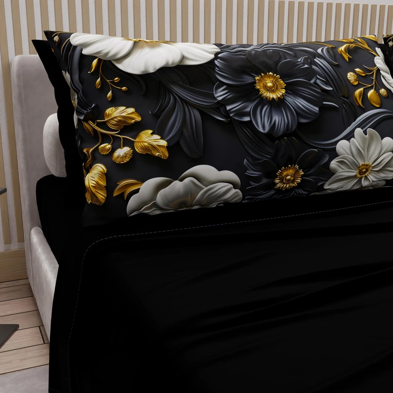 PETTI Artigiani Italiani - Cotton Sheets with Pillowcases in Digital Print, Double Bedsheets, Double Bed Set, Floral 6 Black, 100% Made in Italy