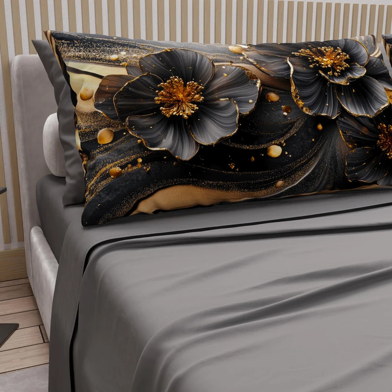 PETTI Artigiani Italiani - Cotton Sheets with Pillowcases in Digital Print, Double Bed Linen, Full Bed Set, Floral 22 Dark Grey, 100% Made in Italy