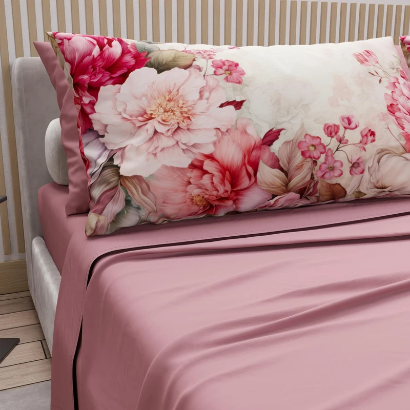 PETTI Artigiani Italiani - Cotton Sheets with Pillowcases in Digital Print, Double Bed Sheet, Floral 152 Dark Powder, 100% Made in Italy