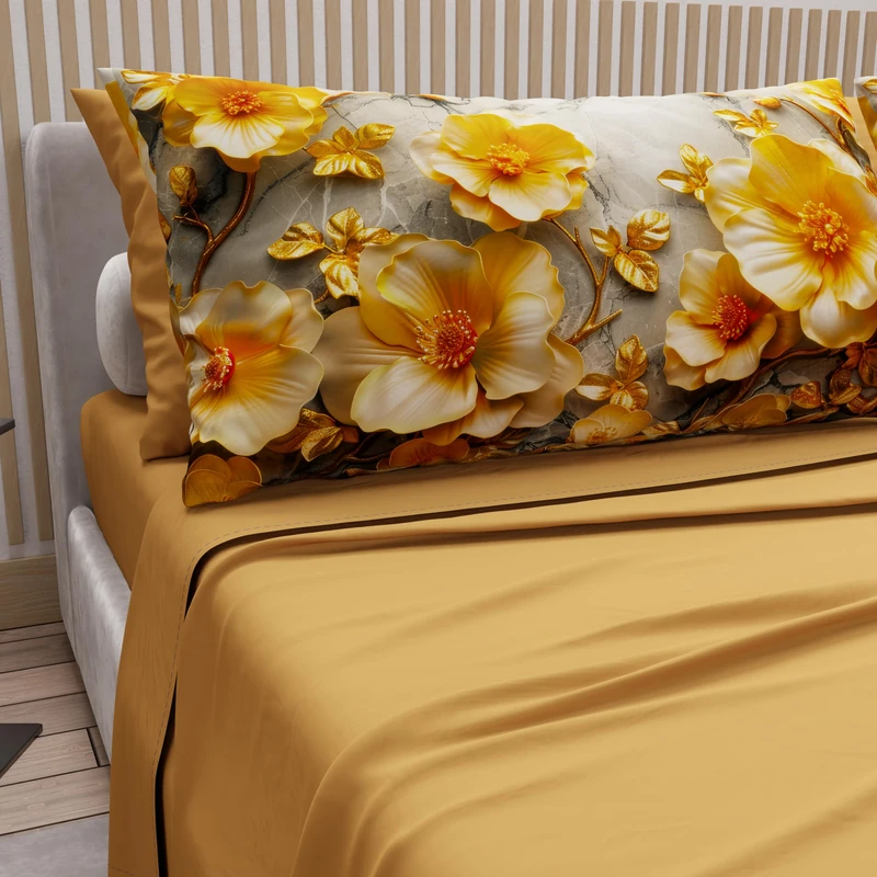 PETTI Artigiani Italiani - Cotton Sheets with Pillowcases in Digital Print, Double Bed Sheet, Floral 17 cm Ochre Yellow, 100% Made in Italy