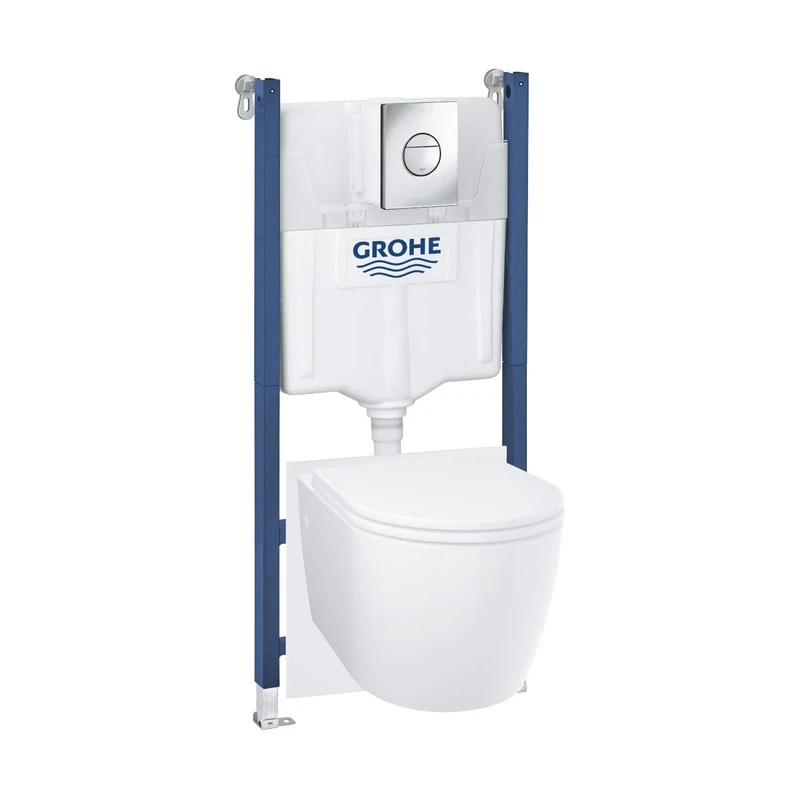 GROHE Solido Compact 5-in-1 Set - Wall Hung Toilet with Concealed Frame 1.13m (Flushing Cistern GD 2 3&6l, Flush Plate Chrome, Rimless WC, Soft Close Seat, Wall Brackets, Noise Protection), 103843SH00