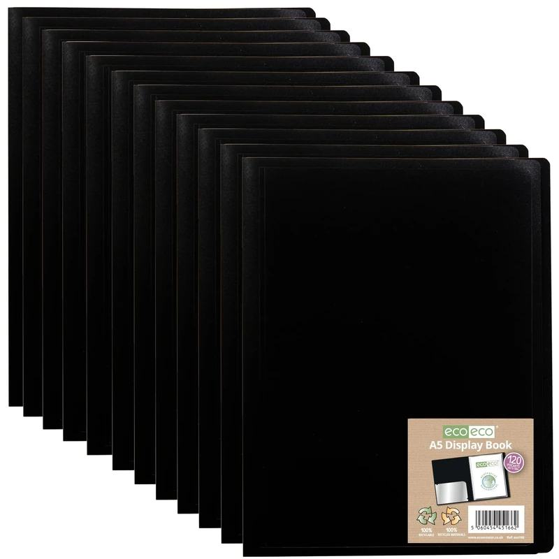 eco-eco A5 100% Recycled 120 Pocket Black Flexible Cover Portfolio Book Folder Display Book, Pack of 12 Folders, eco166x12