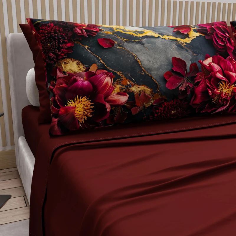 PETTI Artigiani Italiani - Cotton Sheets with Pillowcases in Digital Print, Double Bed Sheet, Complete Bed Set, Floral 16 Bordeaux, 100% Made in Italy