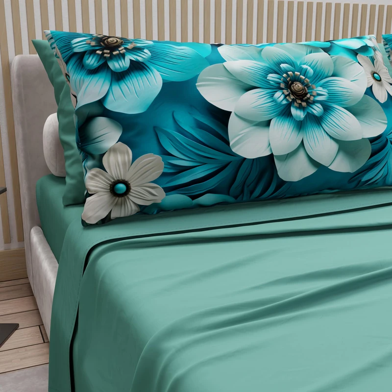 PETTI Artigiani Italiani - Cotton Sheets with Pillowcases in Digital Print, Double Bed Sheet, Complete Bed Set, Floral 21 Teal Blue, 100% Made in Italy