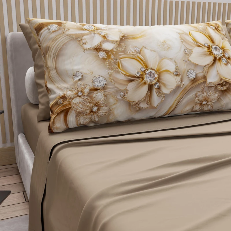 PETTI Artigiani Italiani - Cotton Sheets with Pillowcases in Digital Print, Double Bed Sheet, Full Bed Set, Floral 13 Taupe, 100% Made in Italy